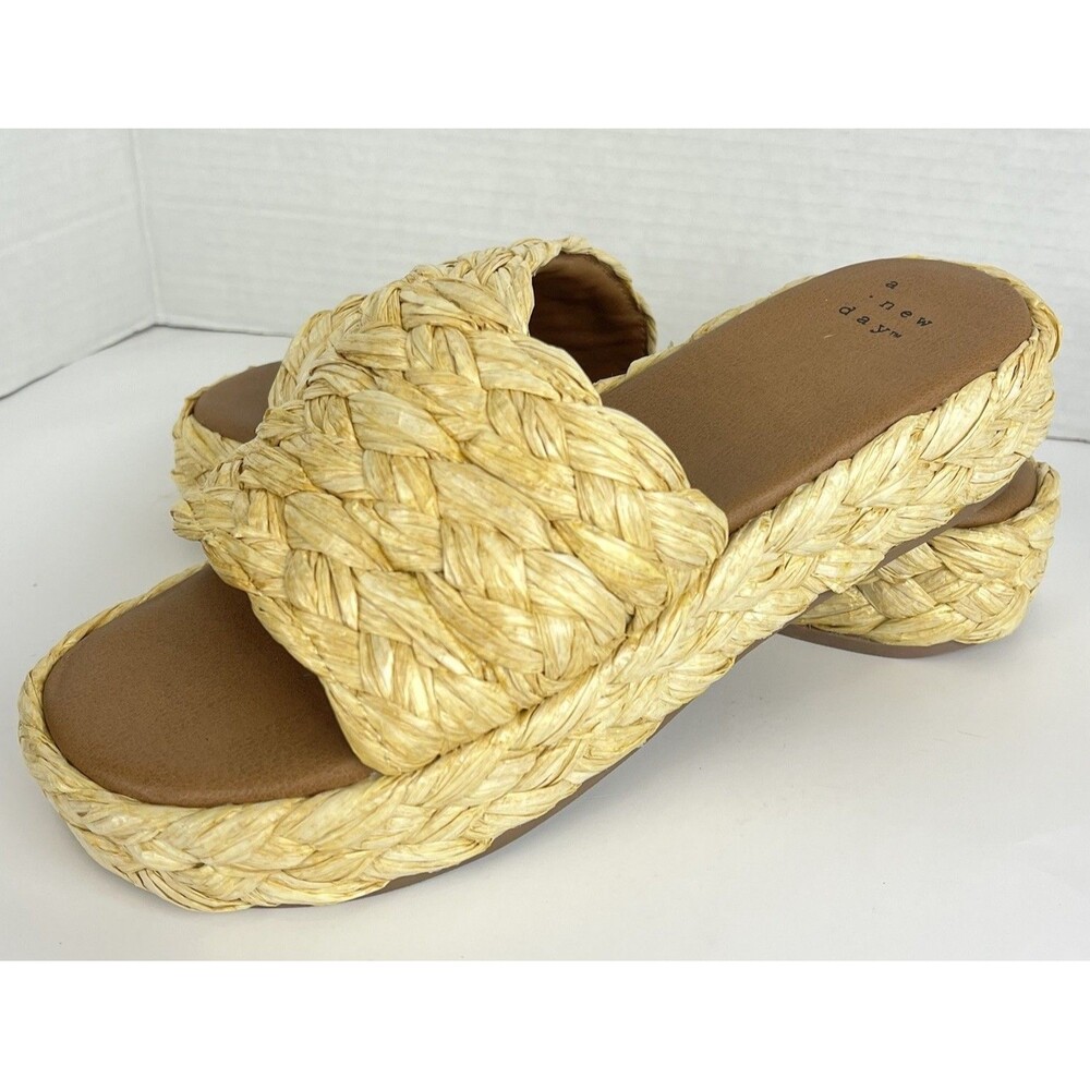 Women Raffia Platform Slide Sandals Woven Straw Natural Summer Size 6 - Picture 4 of 10